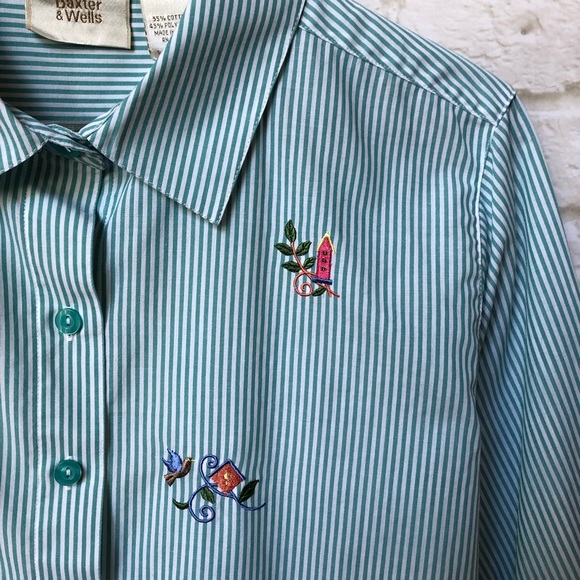 Baxter & Wells birdhouse embroidery button-up 3/4 sleeve blouse - size large - Picture 5 of 16